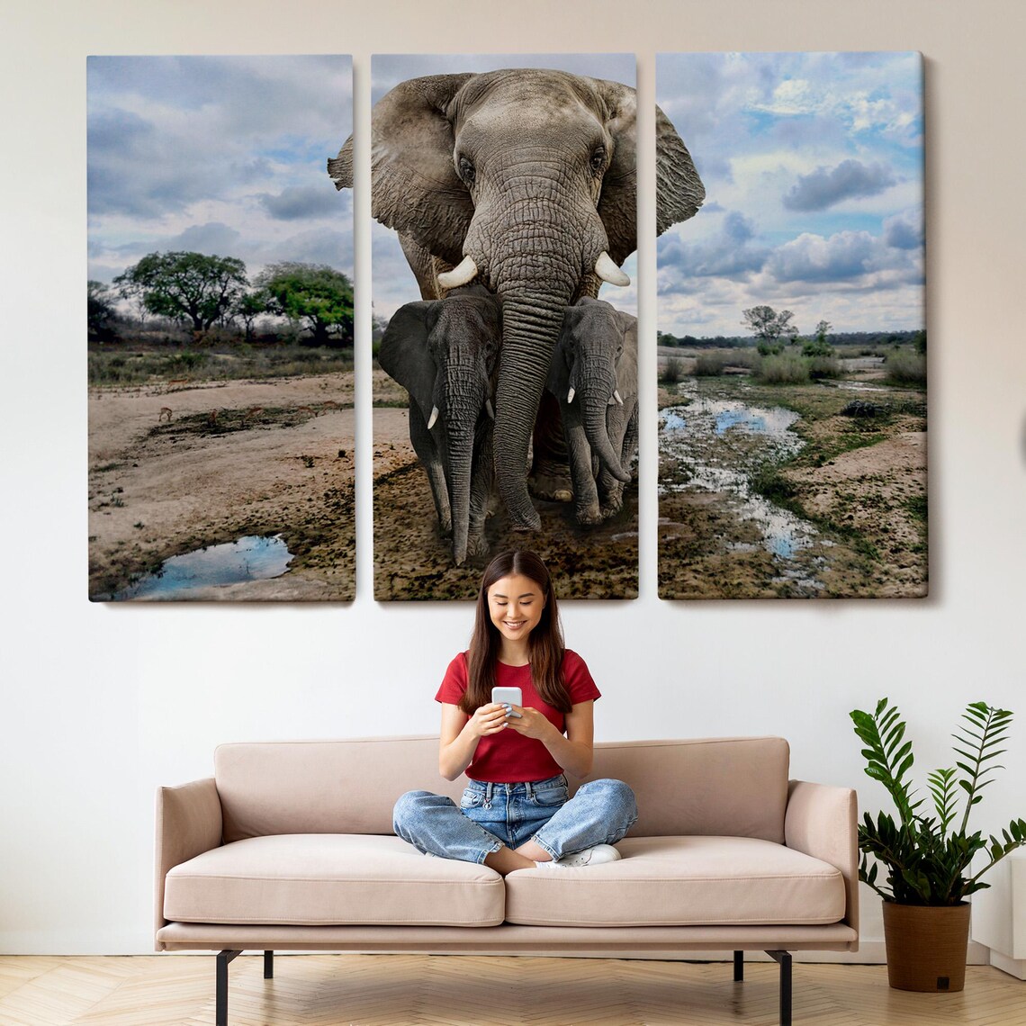 Mother Elephant With Two Calves Walking Safari Waterhole Photo Poster - Image 2