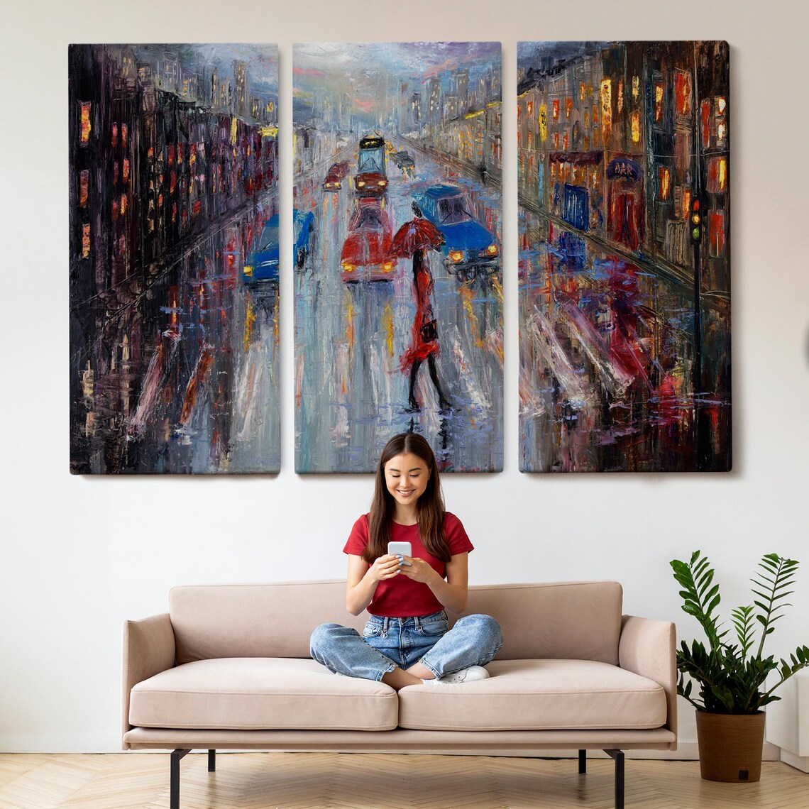 Rainy City Street Woman With Red Umbrella Wet Night Lights Poster - Image 2