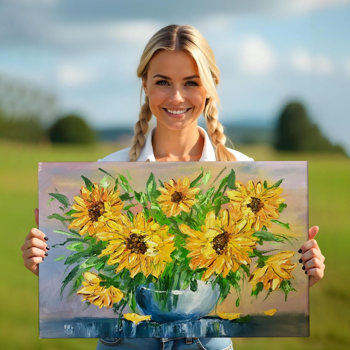 Sunflowers In Blue Glass Vase Bright Yellow Floral Still Life Poster - Image 5