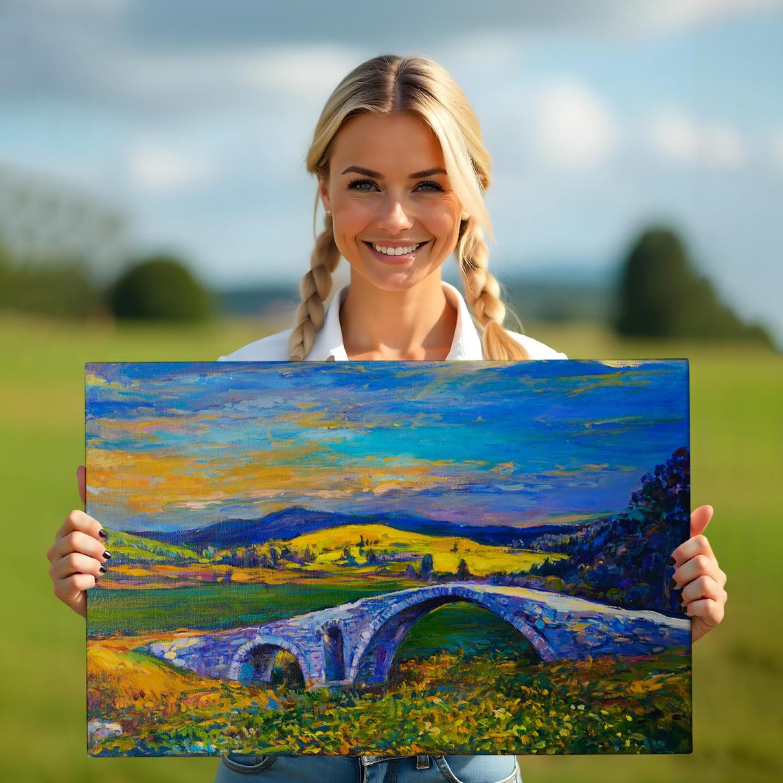 Old Stone Bridge Sunset Golden Fields Countryside Landscape Poster - Image 5