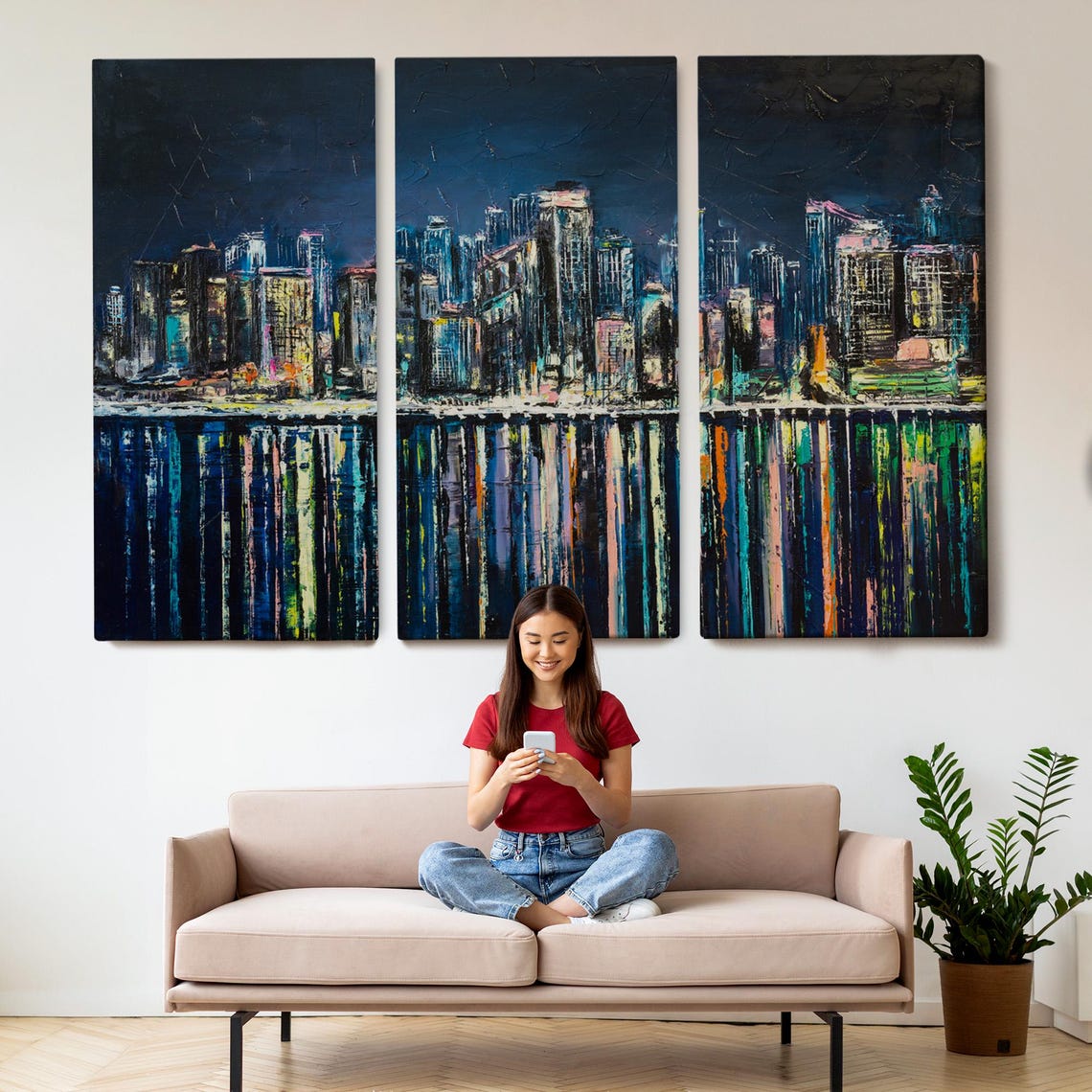 Coastal City Skyline Night Lights Water Reflection Canvas Poster - Image 2
