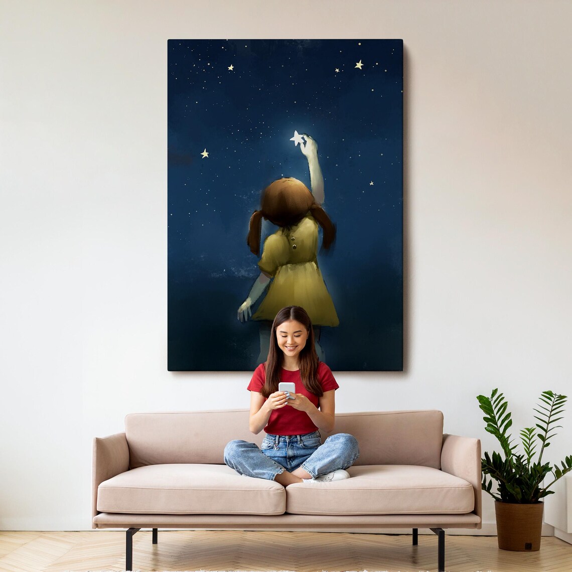 Little Girl Reaching For A Star In The Night Sky Painting Wall Art - Image 3