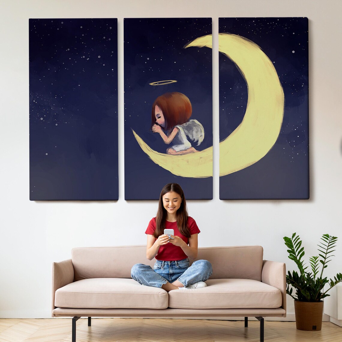 Angel Girl Praying On Crescent Moon Starry Night Nursery Poster - Image 2