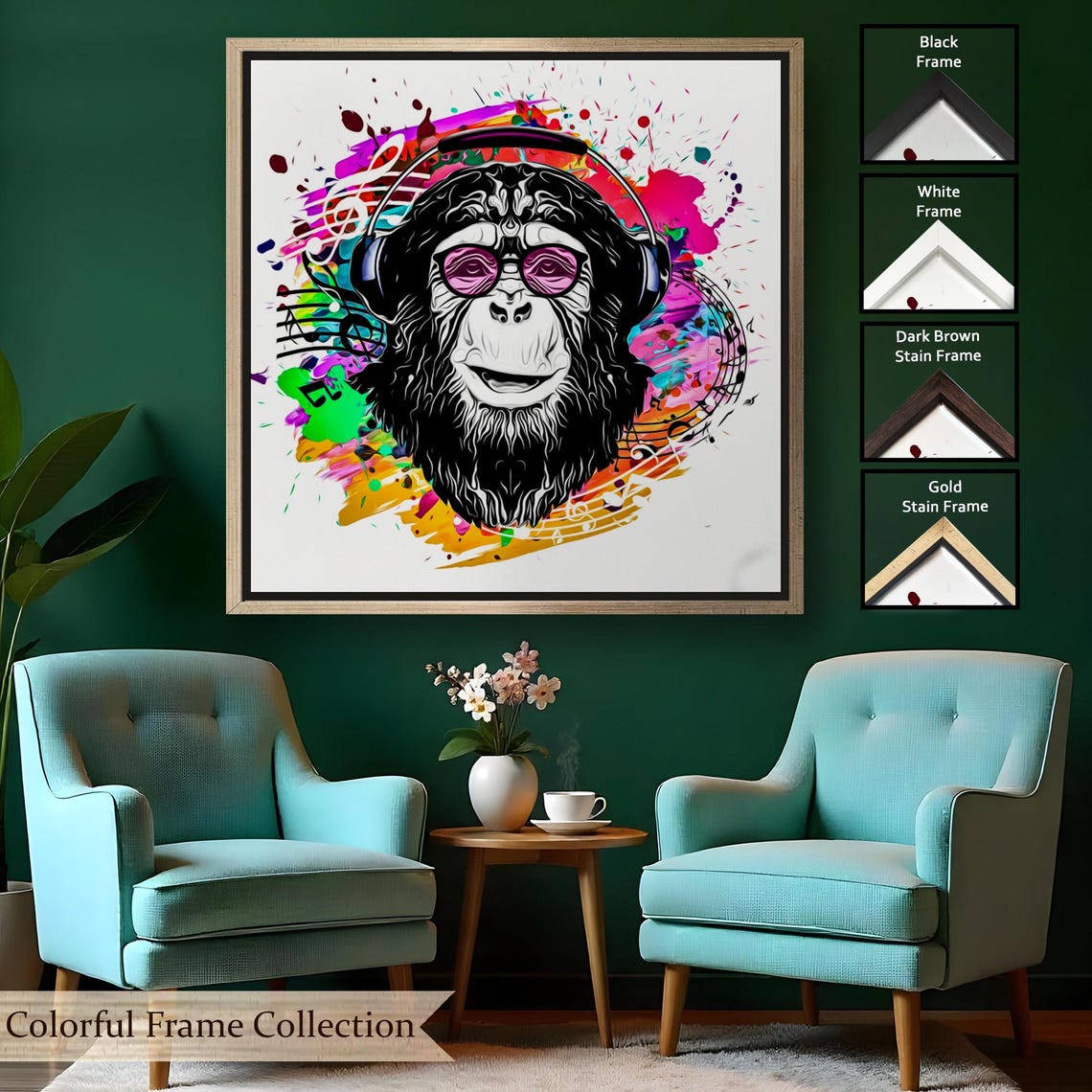DJ Monkey With Headphones Colorful Music Notes Pop Art Animal Poster - Image 2