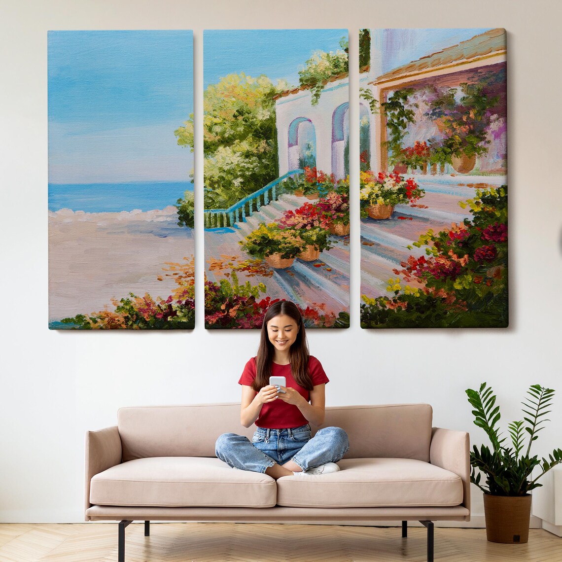 Mediterranean Sea Terrace Villa Flower Staircase Coastal View Poster - Image 2