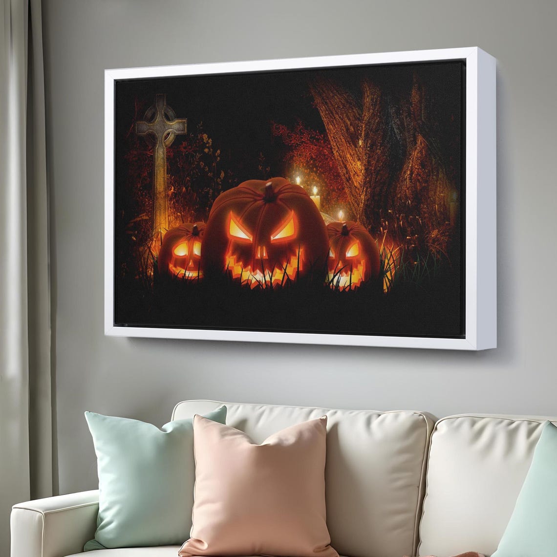 Glowing Carved Pumpkins Dark Cemetery Night Halloween Art Poster - Image 3