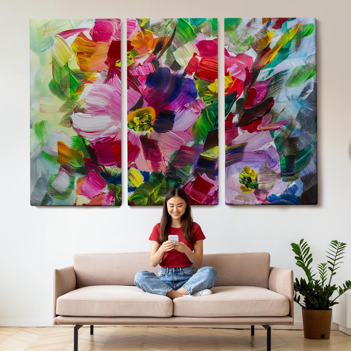 Abstract Pink Bloom Colorful Floral Impasto Oil Painting Wall Art - Image 2
