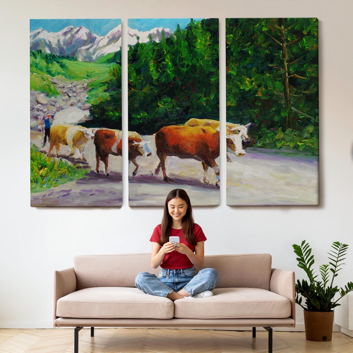 Alpine Cows Grazing Mountain Pasture Snow Peaks Oil Painting Poster - Image 2
