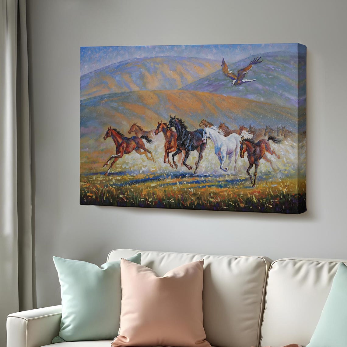 Galloping Horses Herd with Eagle Mountain Valley Oil Painting Poster