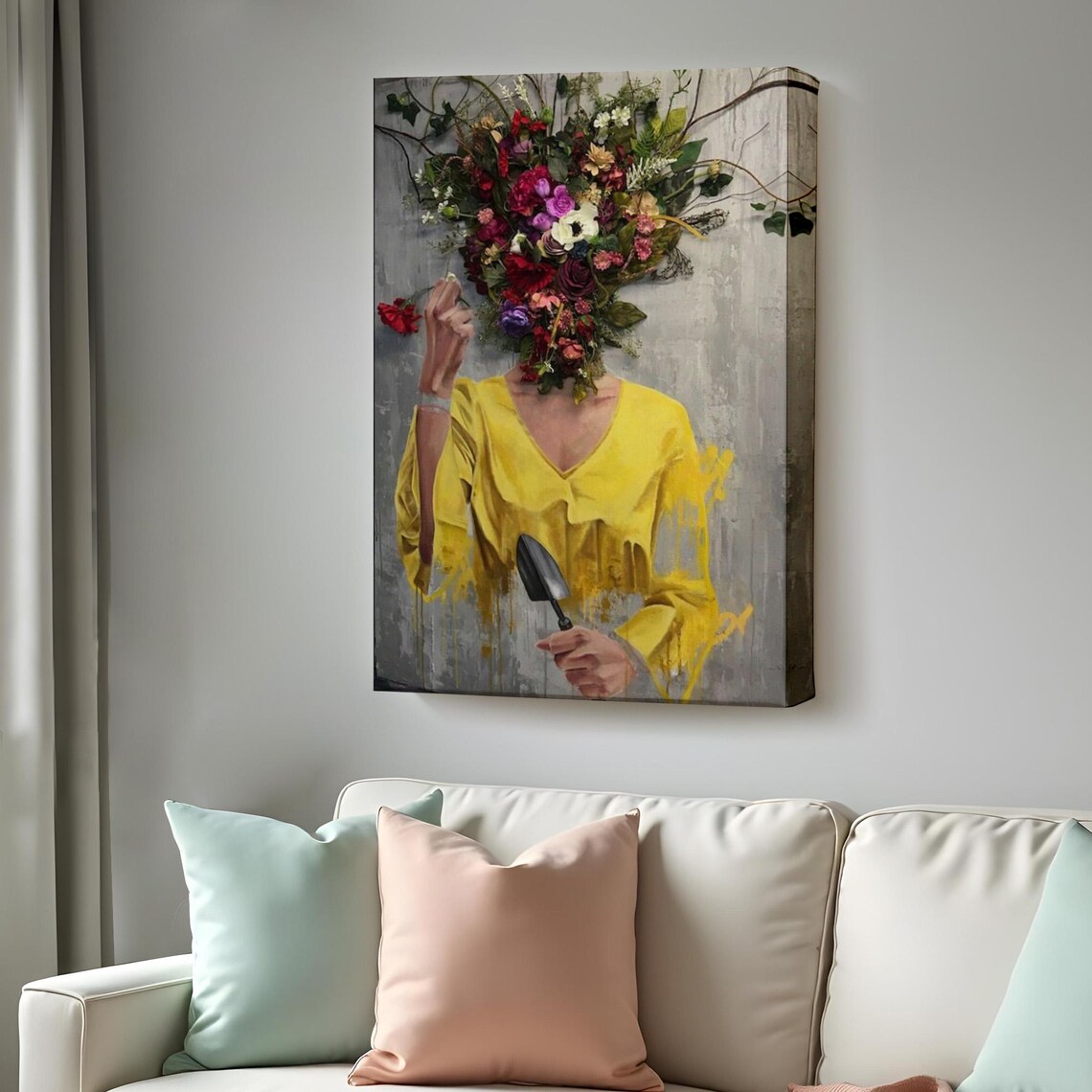 Woman With Flower Head Holding Trowel Surreal Floral Portrait Wall Art