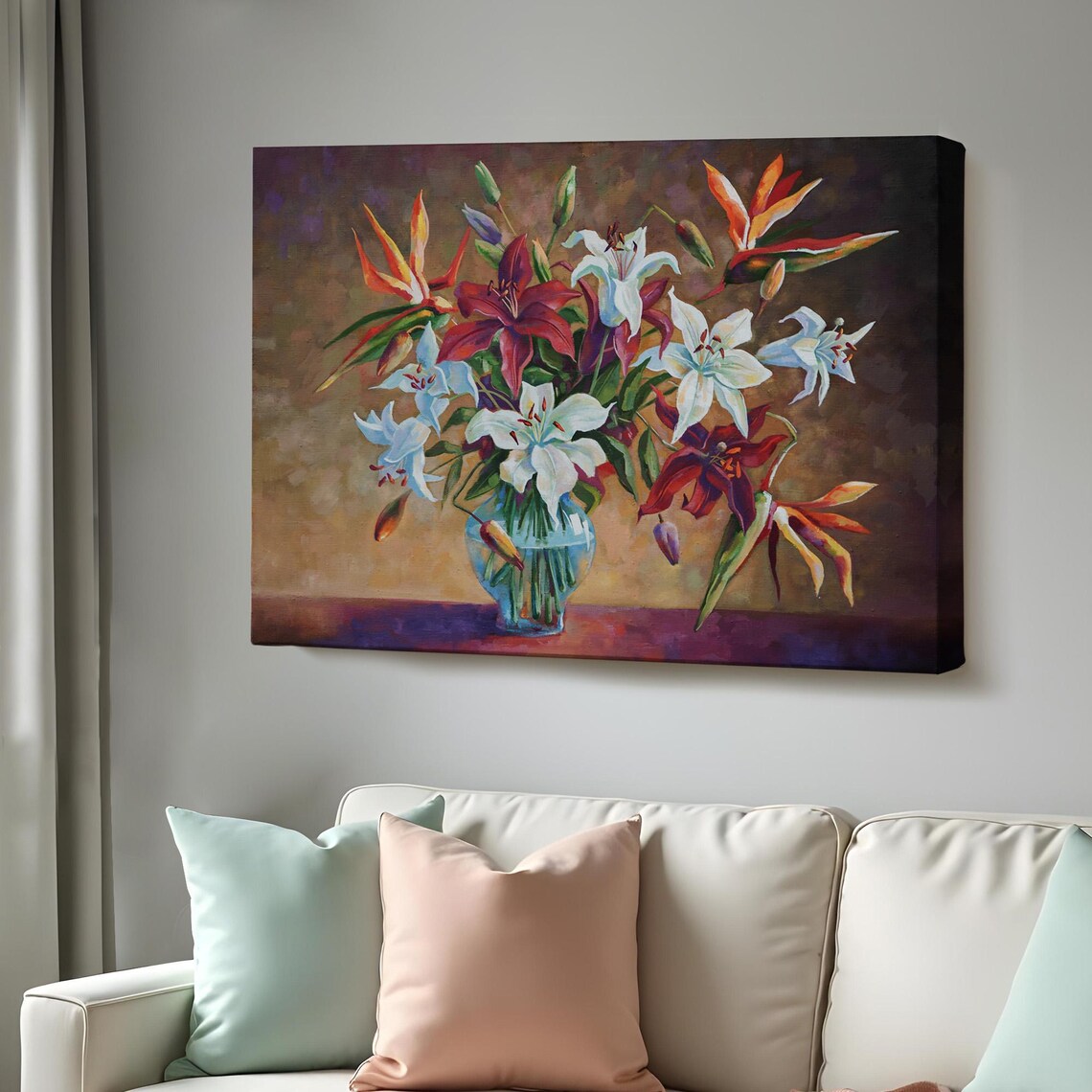 Lily Bouquet White Red Blossoms Glass Vase Oil Painting Wall Art