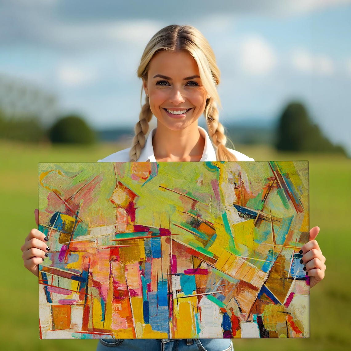 Vibrant Colorful Abstract Cubist City Skyline Yellow Orange Art Poster - Image 5