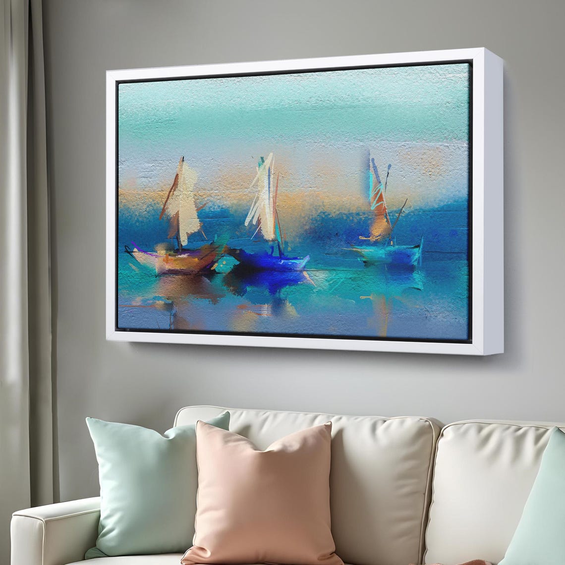 Three Sailboats on Teal Blue Water Soft Pastel Abstract Art Poster - Image 3