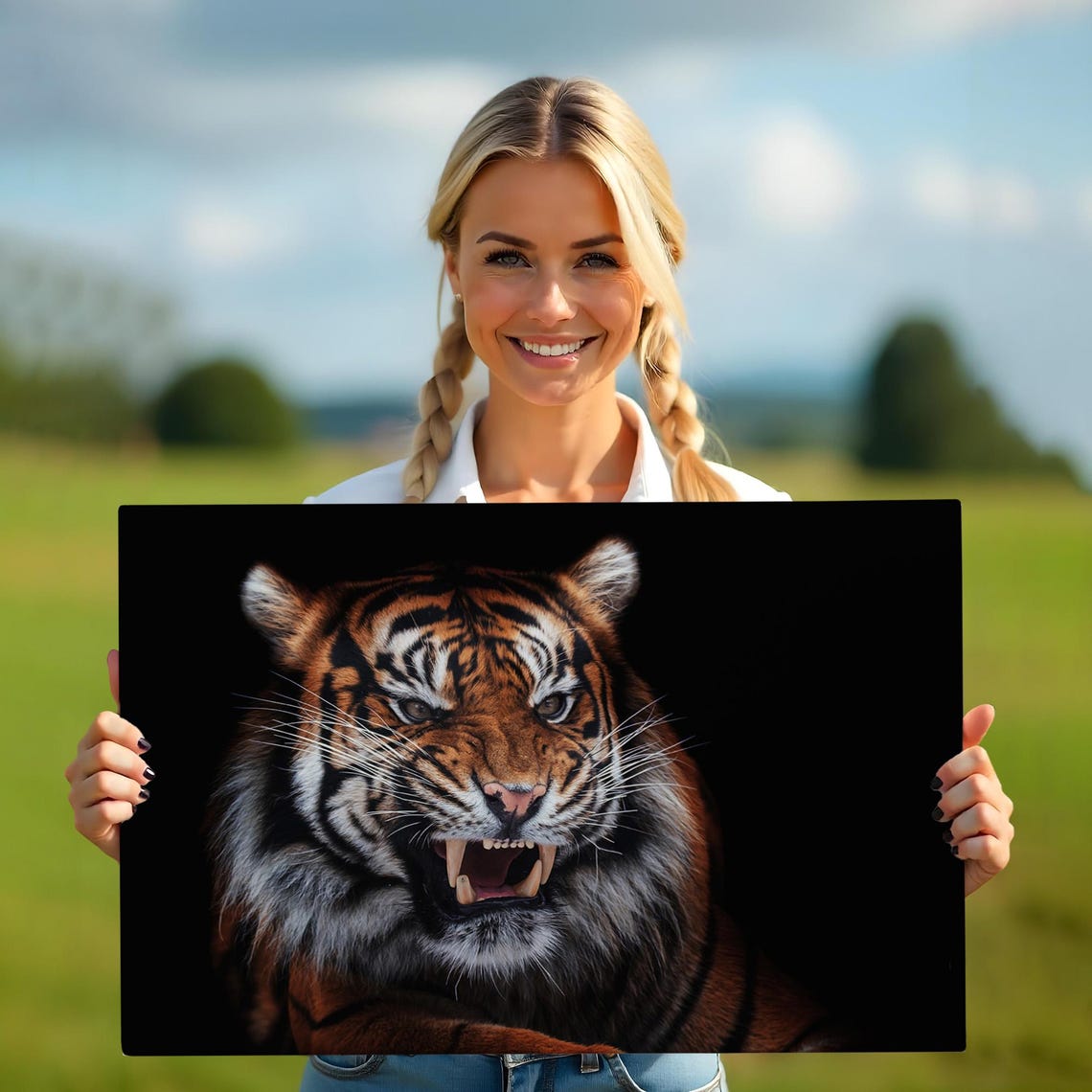 Snarling Tiger Close Up Dramatic Black Wildlife Portrait Wall Art - Image 5