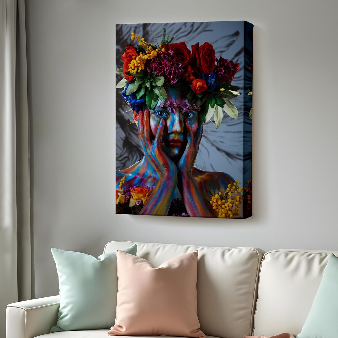 Girl With Flower Crown Colorful Body Paint Portrait Floral Wall Art