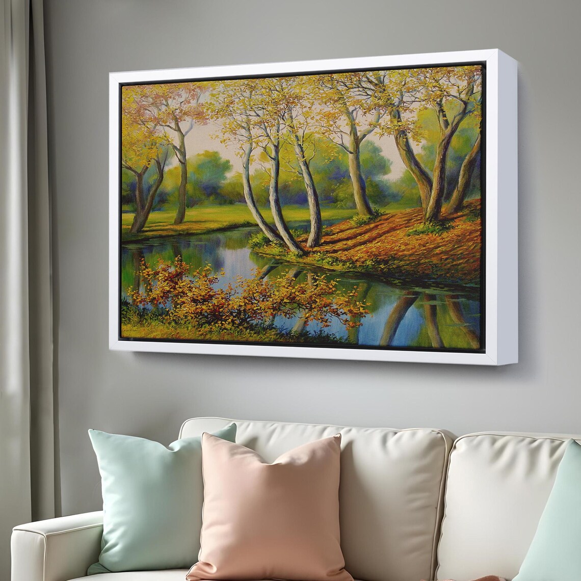 Golden Autumn Riverbend Trees Reflection Oil Painting Nature Poster - Image 3