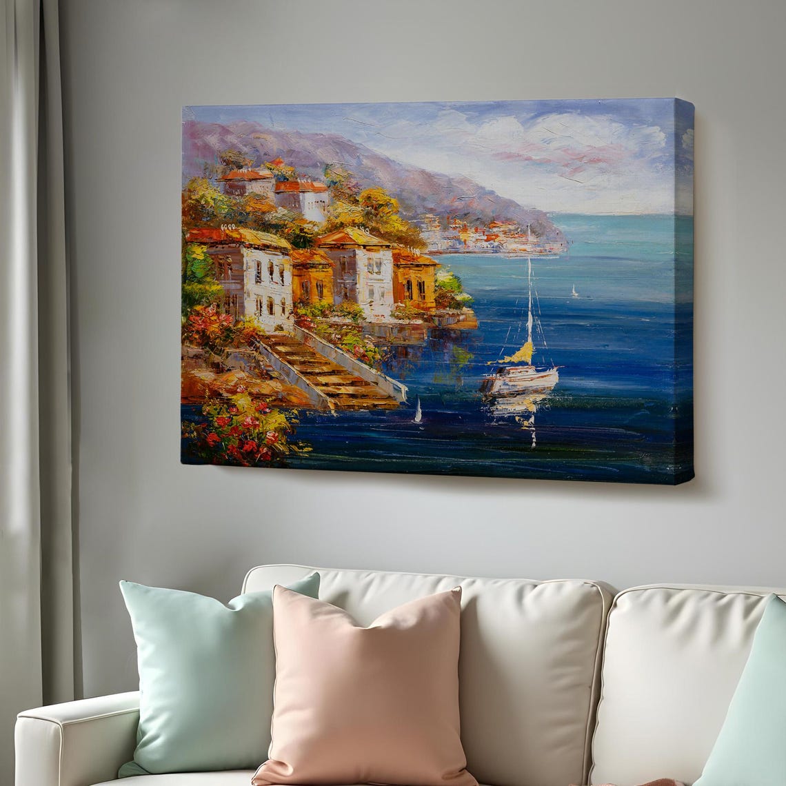 Mediterranean Harbor Hillside Village Sailboat Blue Sea View Poster