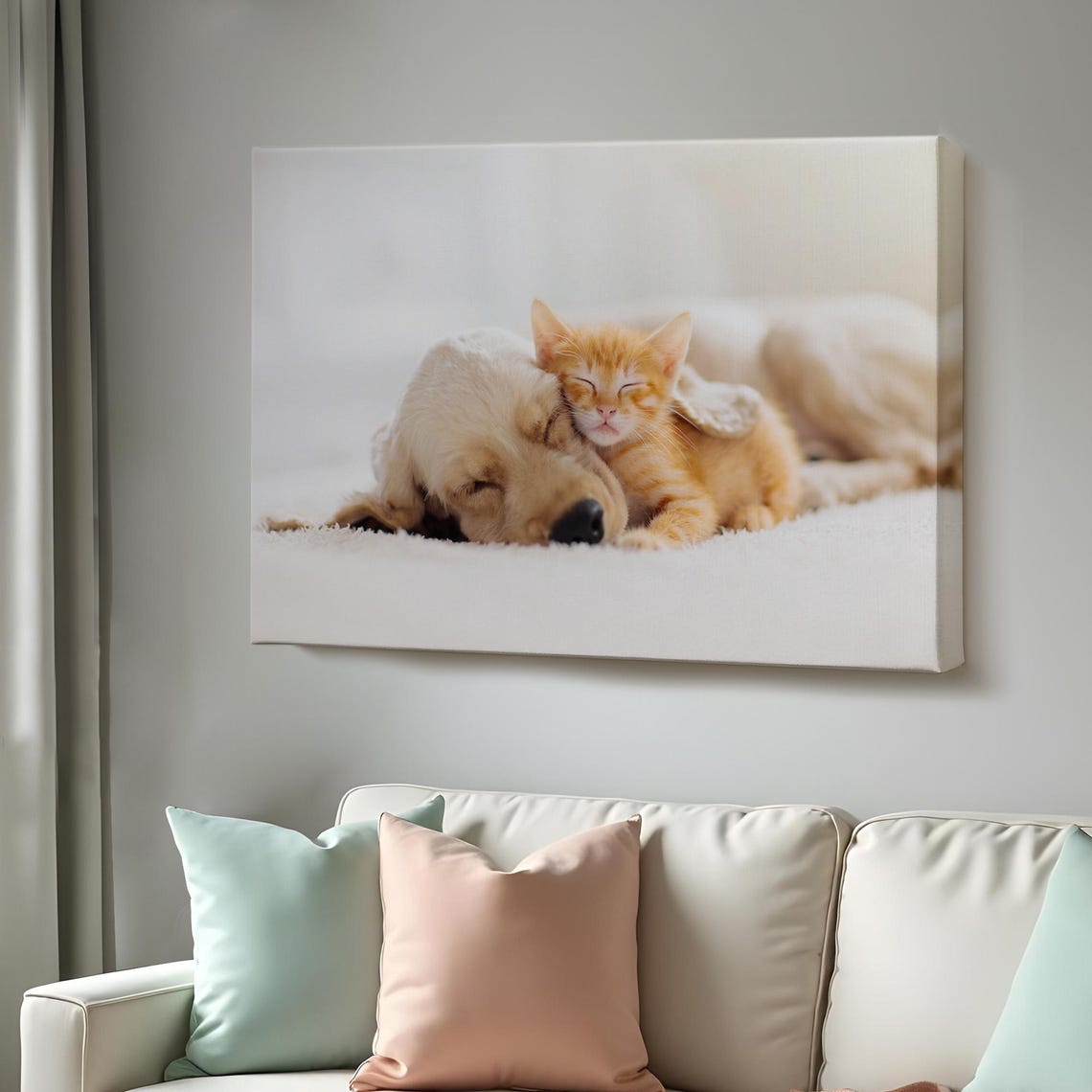 Golden Retriever Sleeping with Orange Kitten Cute Pets Photo Poster