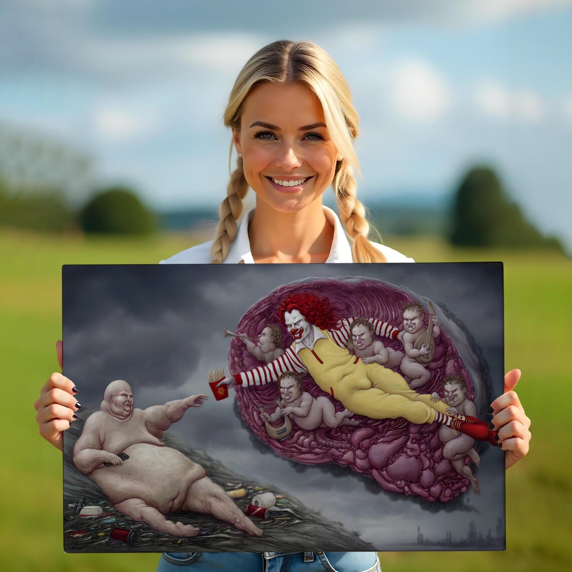 Painting Highlighting The Capitalism Of The Era With The Theme Of Adams Gods Hand Large Wall Art Religious Print - Image 5