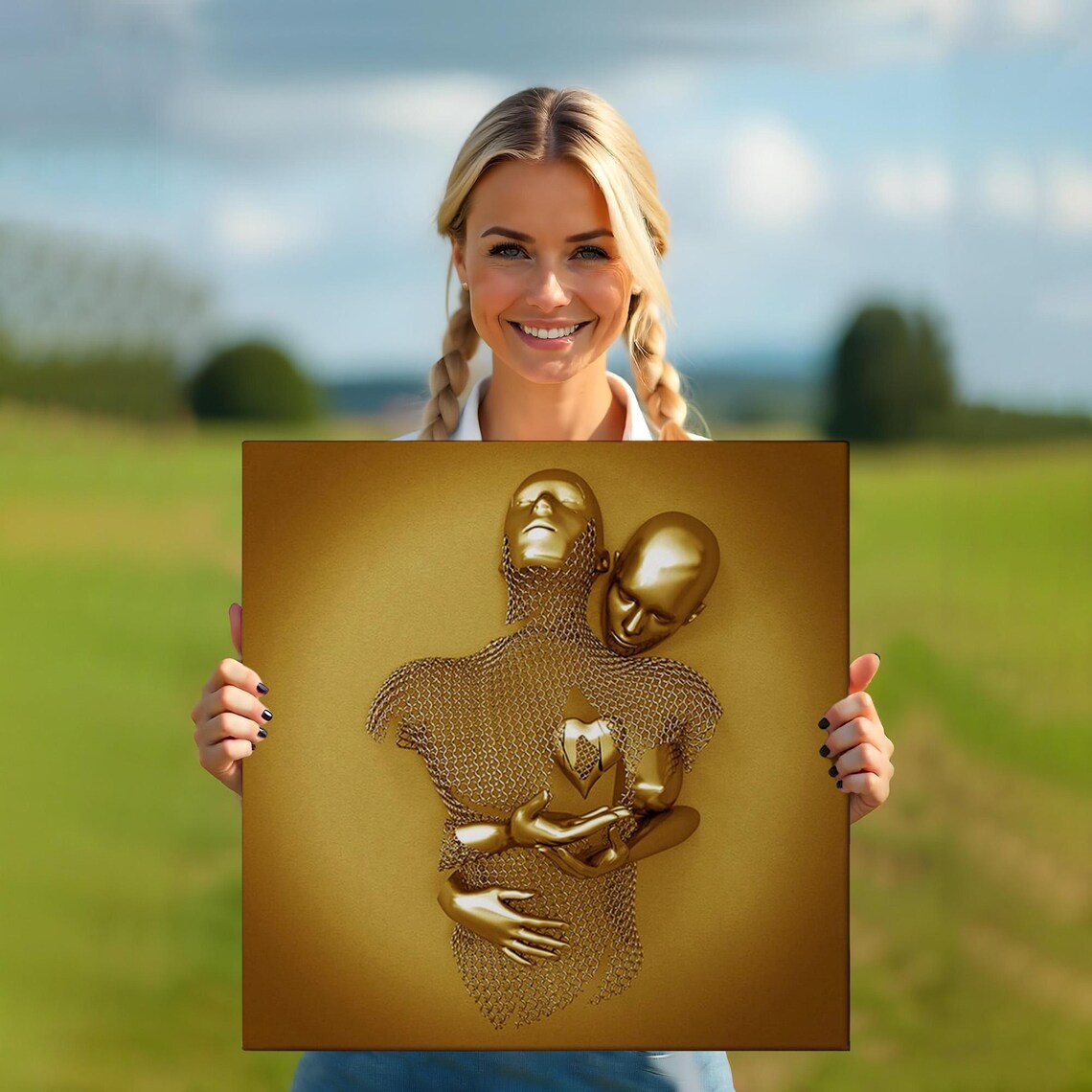 Golden Couple Embrace 3D Love Heart Surreal Romance Art Poster - Image 5