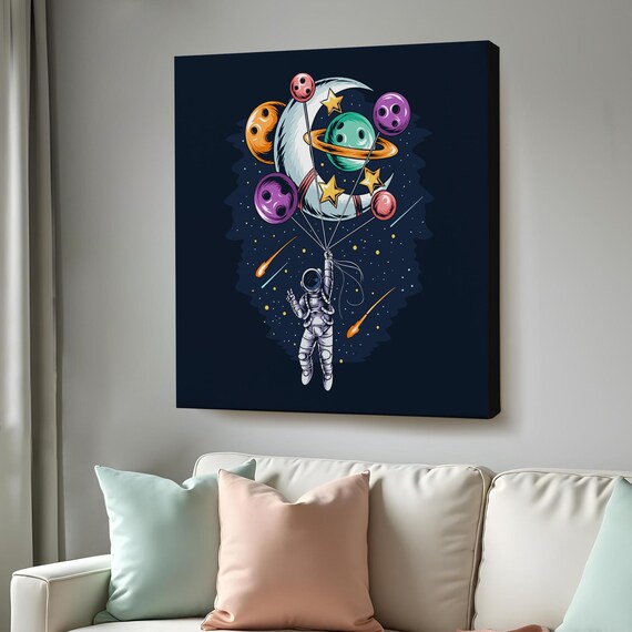 Astronaut Holding Planet Balloons Whimsical Space Moon Stars Canvas Poster