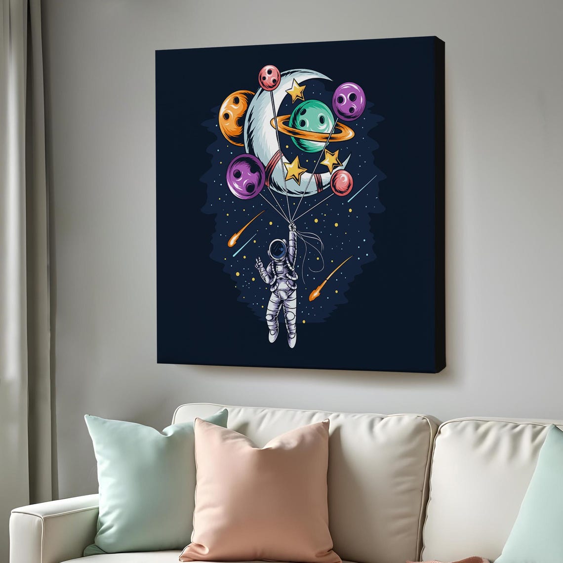 Astronaut Flying With The Moon And Planets Painting Framed Wall Art Illustration Modern Wall Decor Large Wall Art