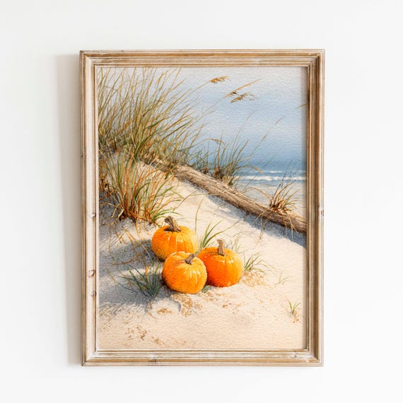 Coastal Fall Pumpkin Watercolor Painting Beach Sand Dunes Art