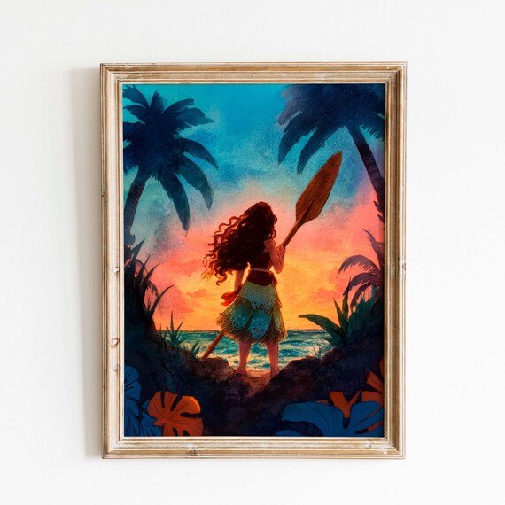 Watercolor Moana Wall Art Tropical Island Ocean Horizon Painting Adventure Princess Artwork
