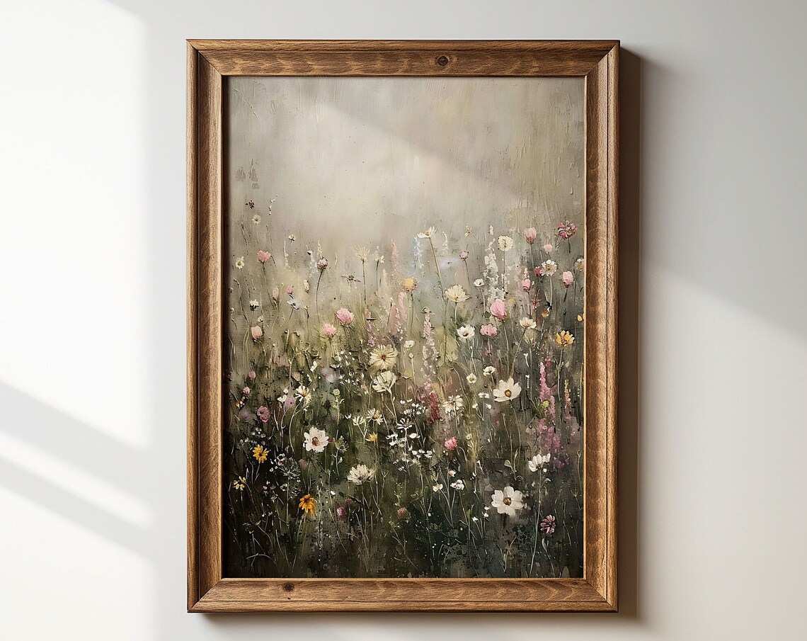Wildflower Landscape Painting, Muted Spring Art Print