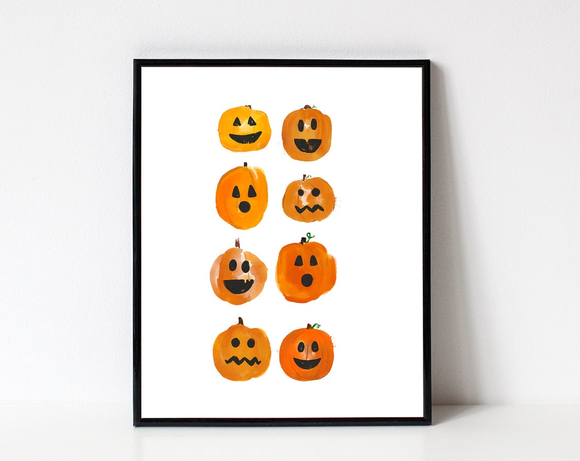 Cute Halloween Jack O Lantern Faces Watercolor Pumpkin Art Poster