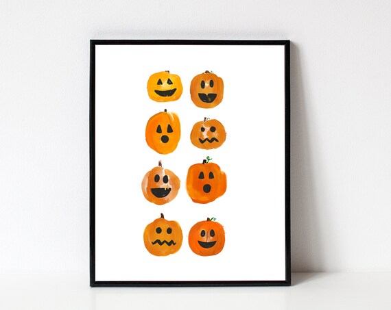Cute Halloween Jack O Lantern Faces Watercolor Pumpkin Art Poster