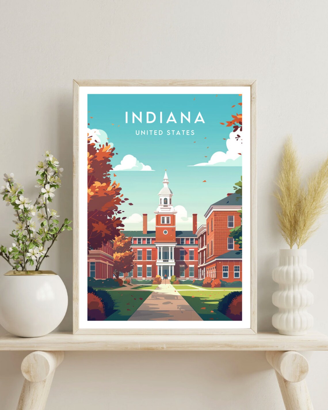 Indiana United States Red Brick Colonial Hall Autumn Travel Poster - Image 4