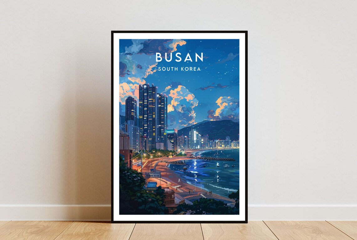 Busan South Korea Night Skyline Beach City Lights Travel Poster