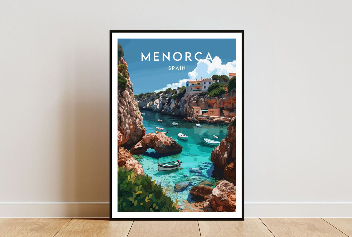 Menorca Spain Turquoise Cove Boats Rocky Bay Island View Poster