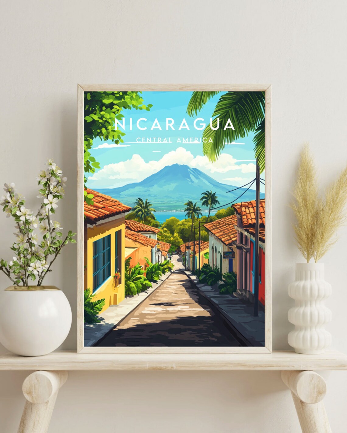 Nicaragua Central America Cobblestone Street Volcano View Poster - Image 4