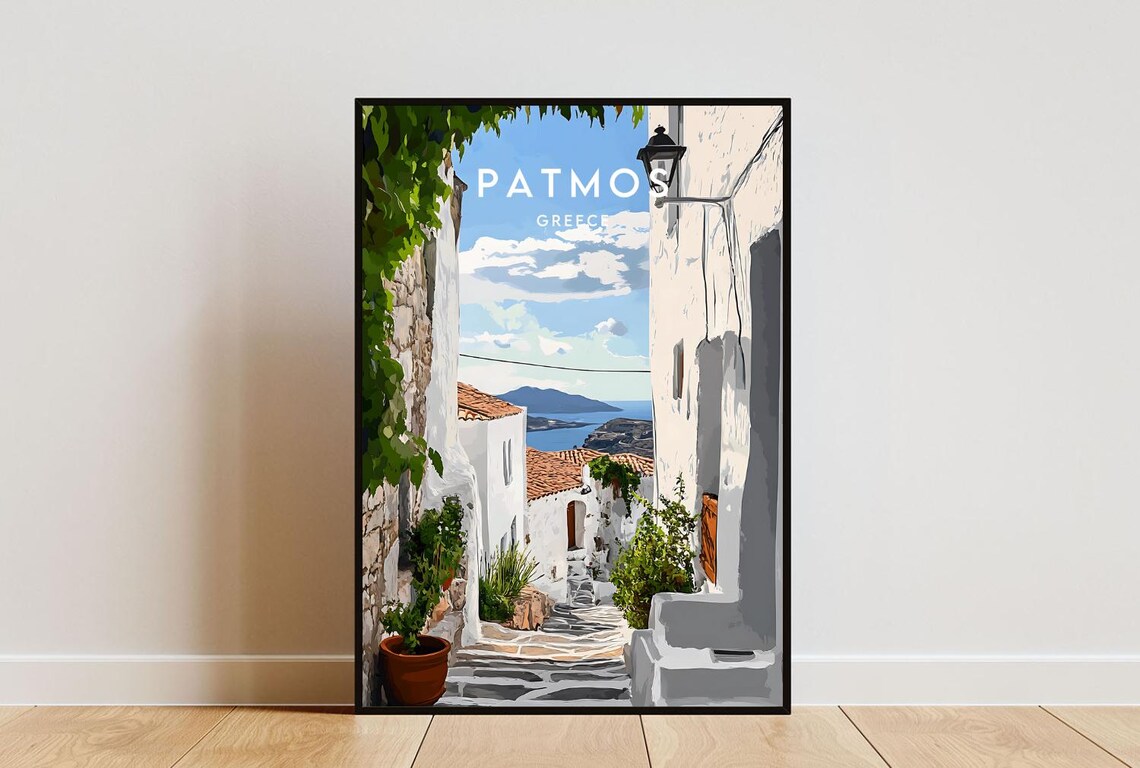 Patmos Greece White Alley Steps Island Sea View Travel Poster