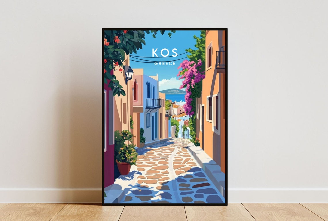 Kos Greece Island Flowered Cobblestone Street Vintage Travel Poster