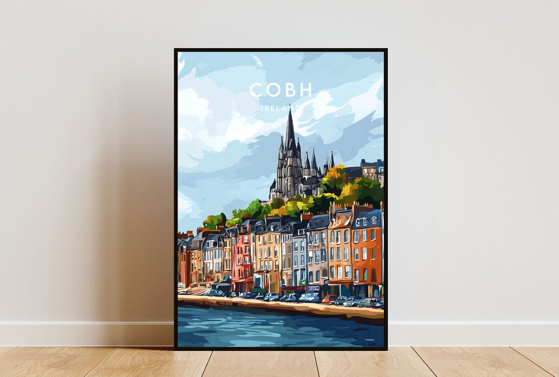Cobh Ireland Colorful Waterfront Cathedral Travel Art Poster