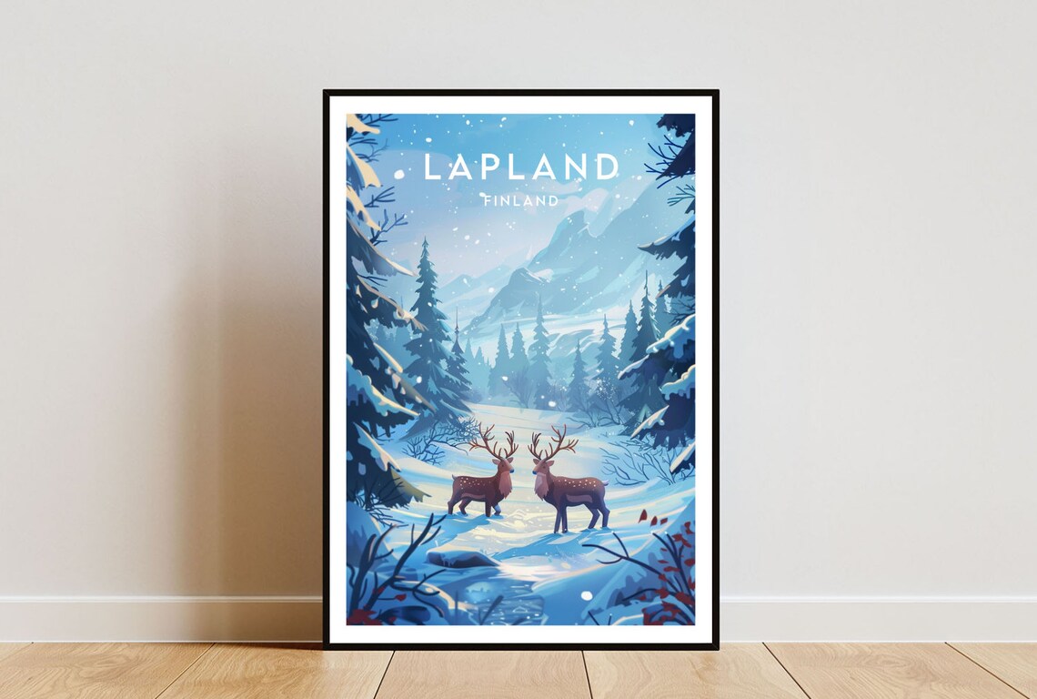 Lapland Finland Snowy Forest Reindeer Winter Wonderland Vintage Travel Poster