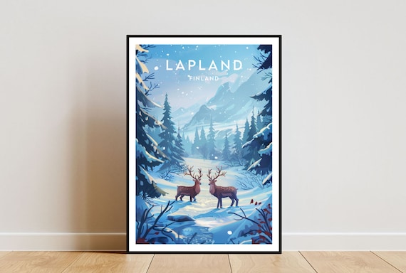 Lapland Finland Snowy Forest Reindeer Winter Wonderland Vintage Travel Poster