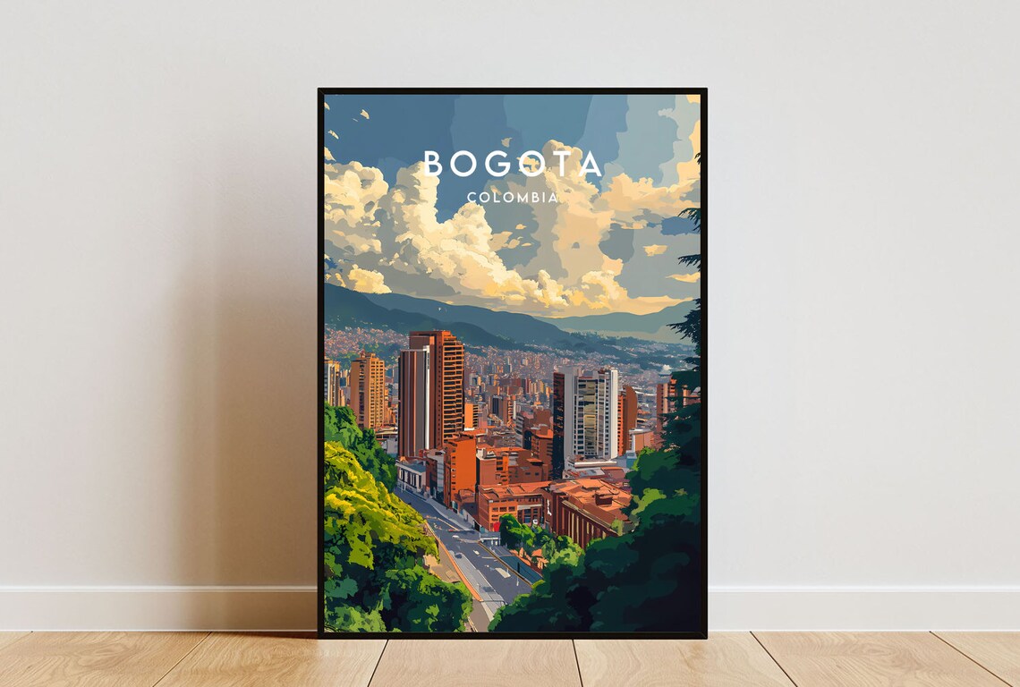 Bogota Colombia Mountain City Skyline Modern Travel Art Poster