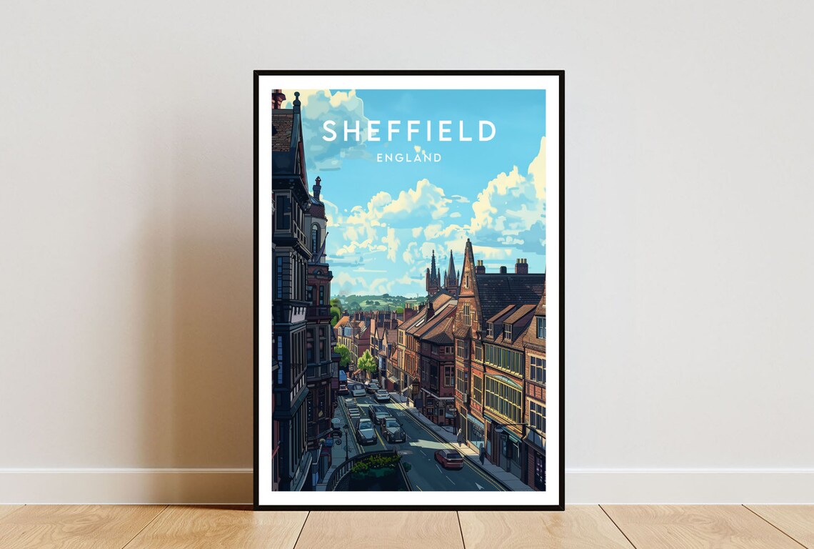 Sheffield England Historic City Street Scene Church Spires Poster