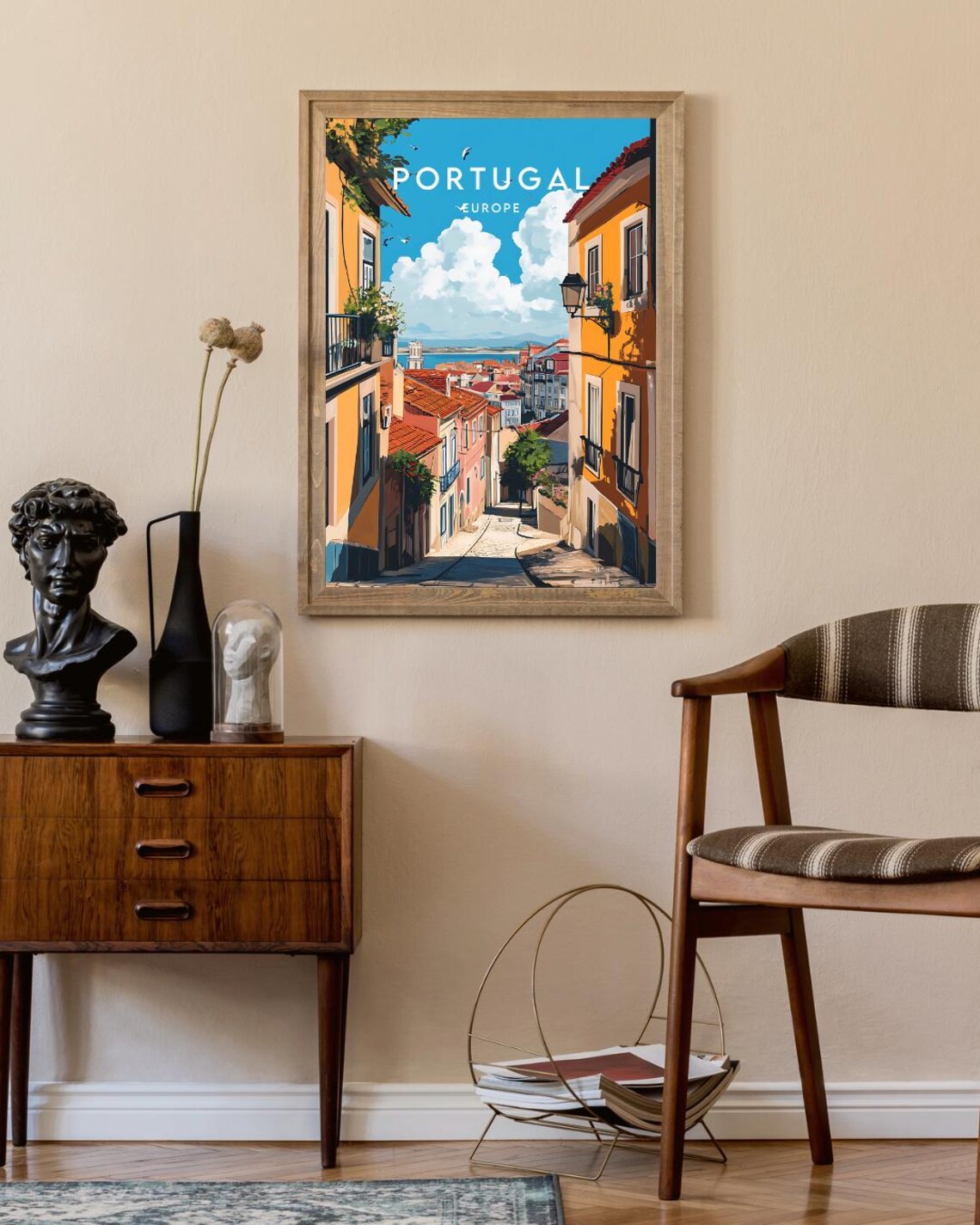 Portugal Europe Sunlit Street Yellow Buildings Harbor Travel Poster - Image 2