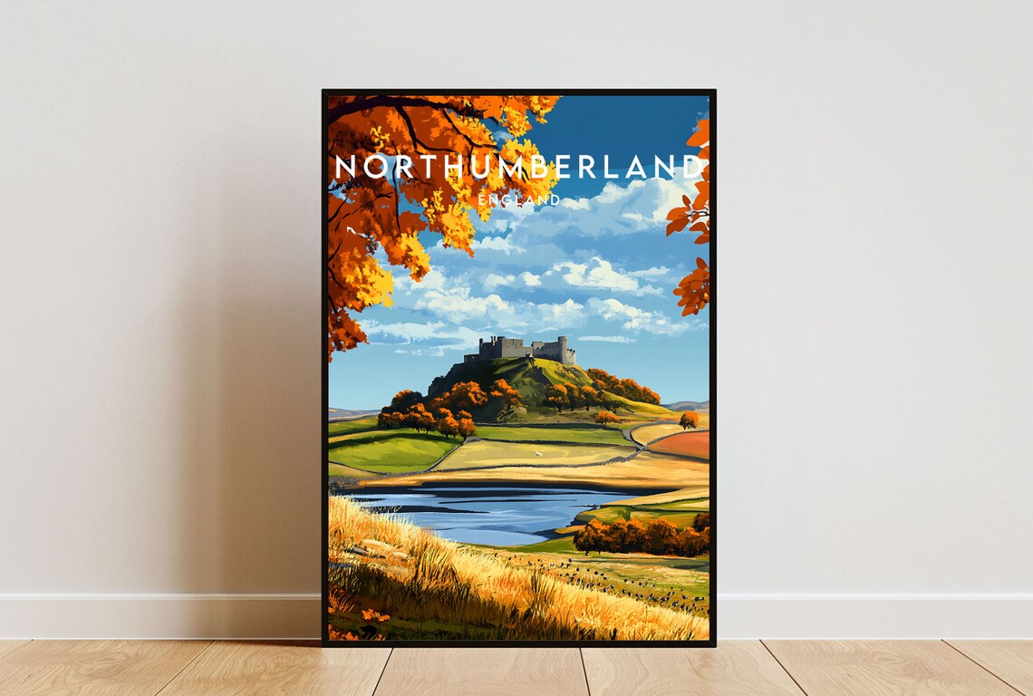 Northumberland England Scenic Autumn Castle Lake Travel Poster