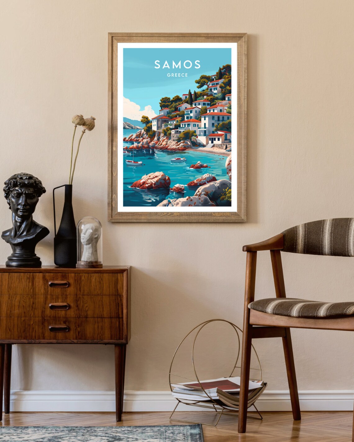Samos Greece Hillside Village Red Roofs Rocky Cove Travel Poster - Image 2