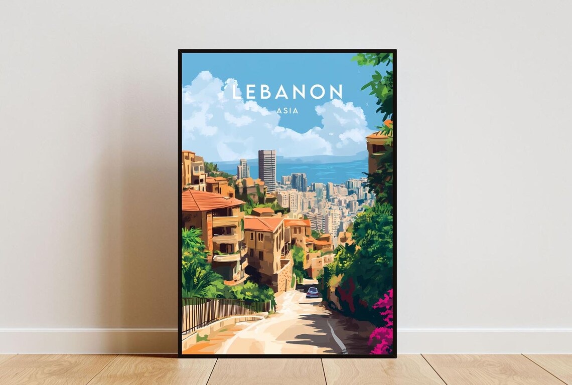 Lebanon Asia Hillside City Sea View Vintage Style Travel Poster