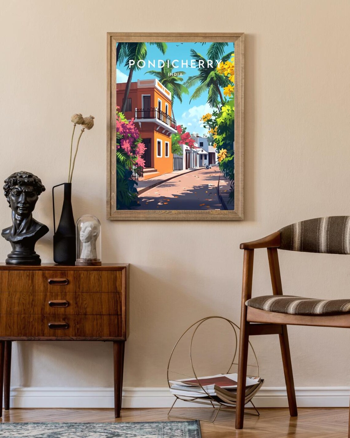 Pondicherry India French Colonial House Palms Vintage Travel Poster - Image 2