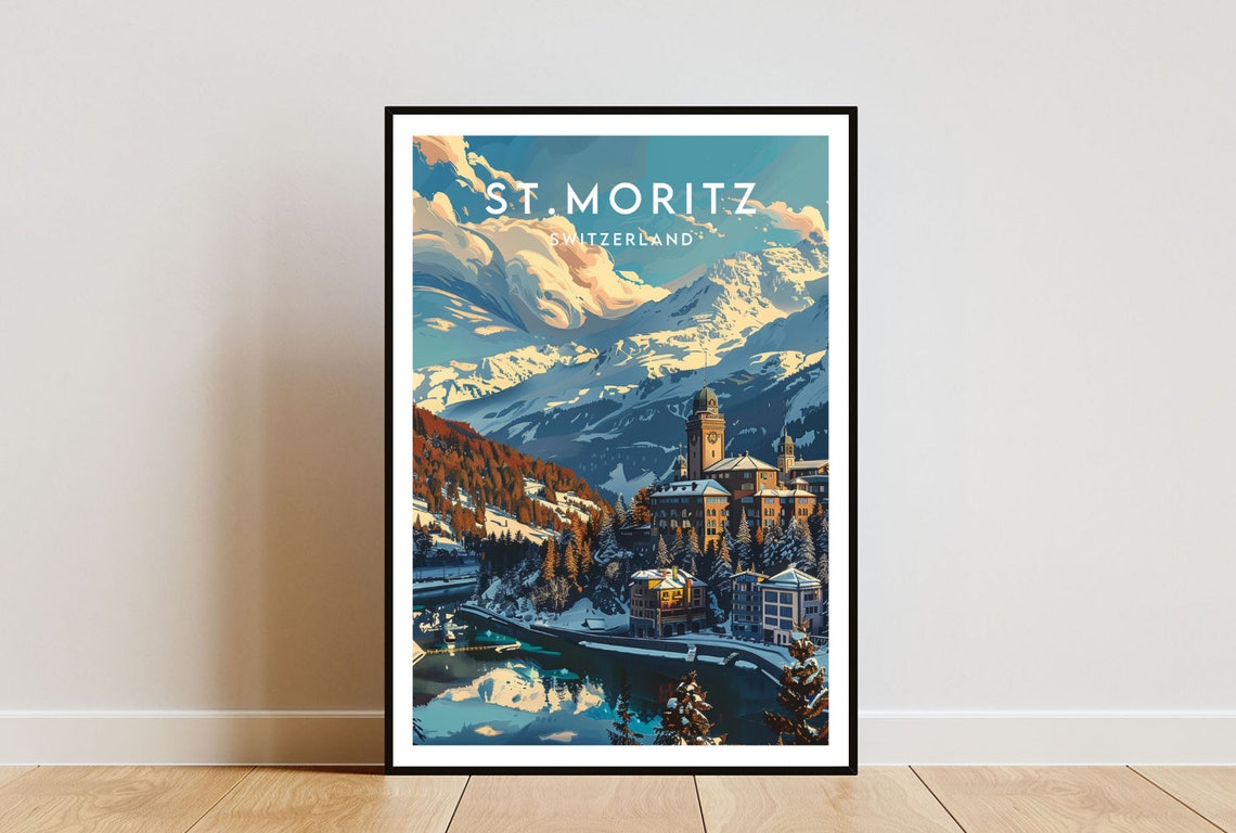 St. Moritz Switzerland Alpine Village Snowy Peaks Travel Poster