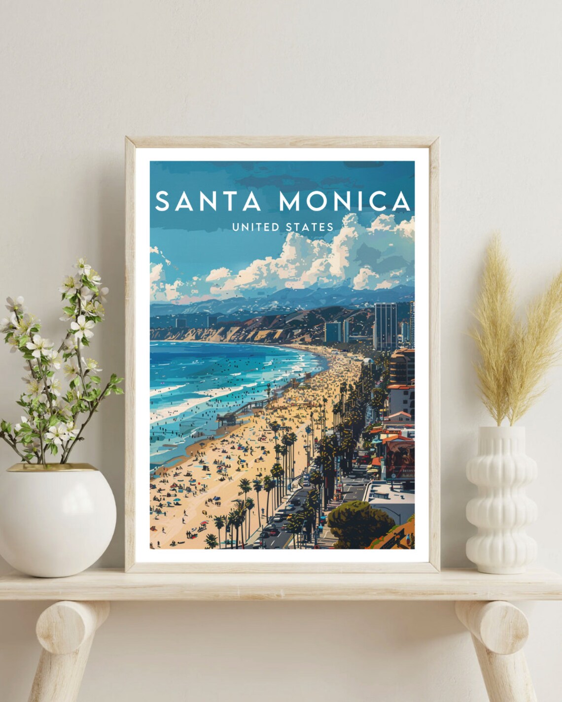 Santa Monica United States Aerial Beach Palms Coast Travel Poster - Image 4