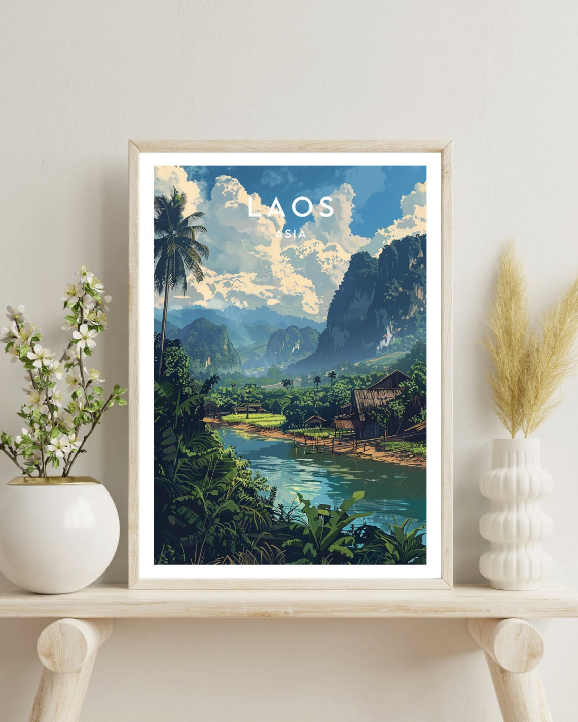 Laos Asia River Village and Karst Mountains Jungle Art Poster - Image 4